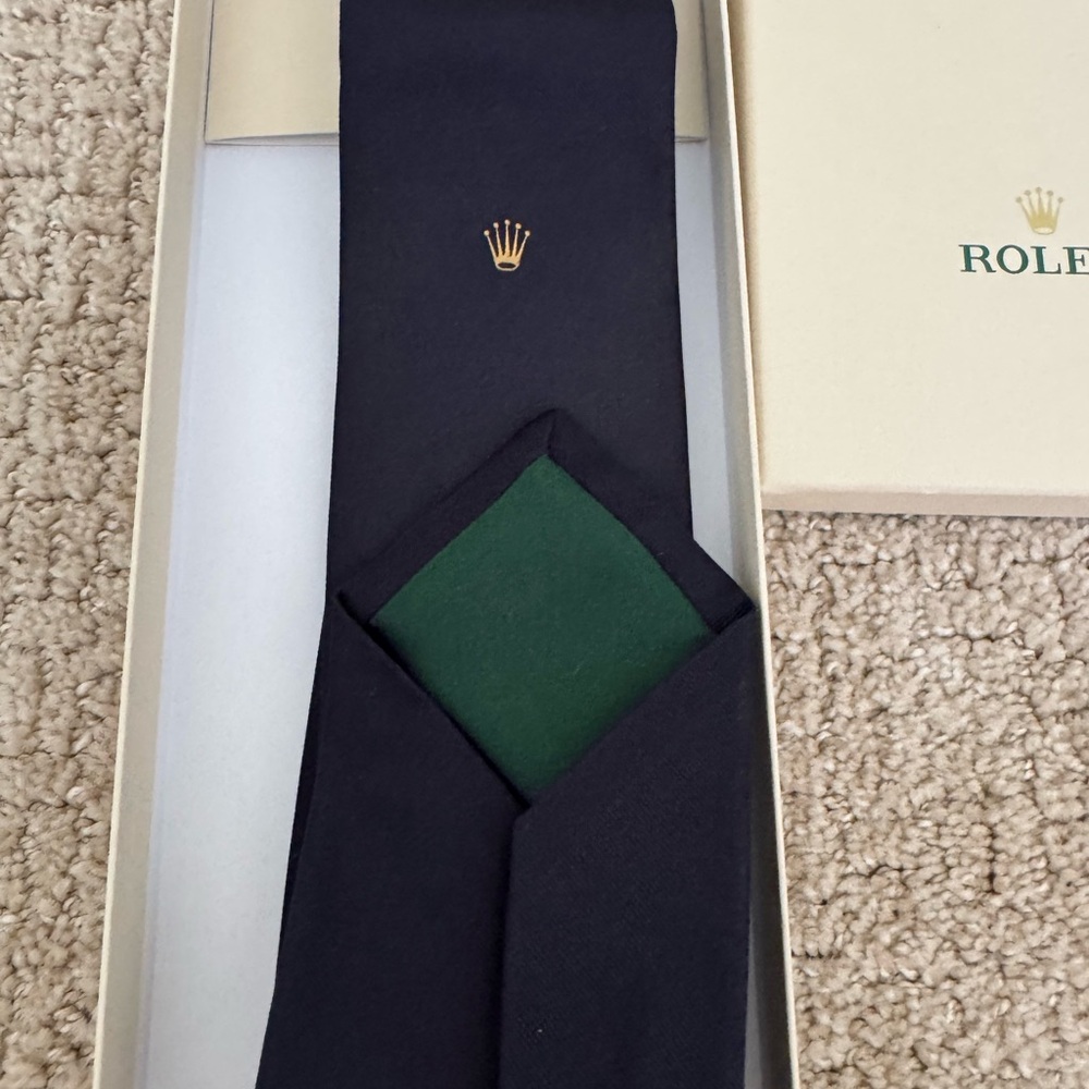 Rolex Navy Blue Silk Tie with Green Accent